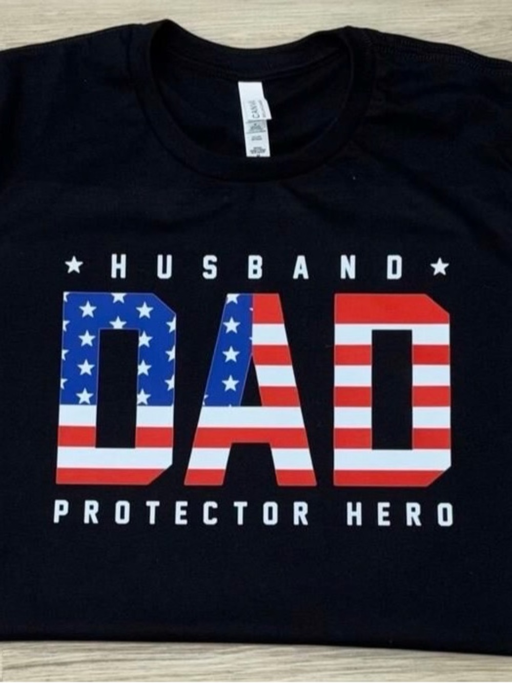 Bella Canvas Black 'Husband Dad Protector Hero' T‑Shirt with American Flag Print